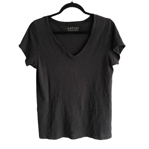 VELVET BY GRAHAM & SPENCER Black Cotton Slub V-Neck Short-Sleeve T-Shirt XS - Picture 2 of 5